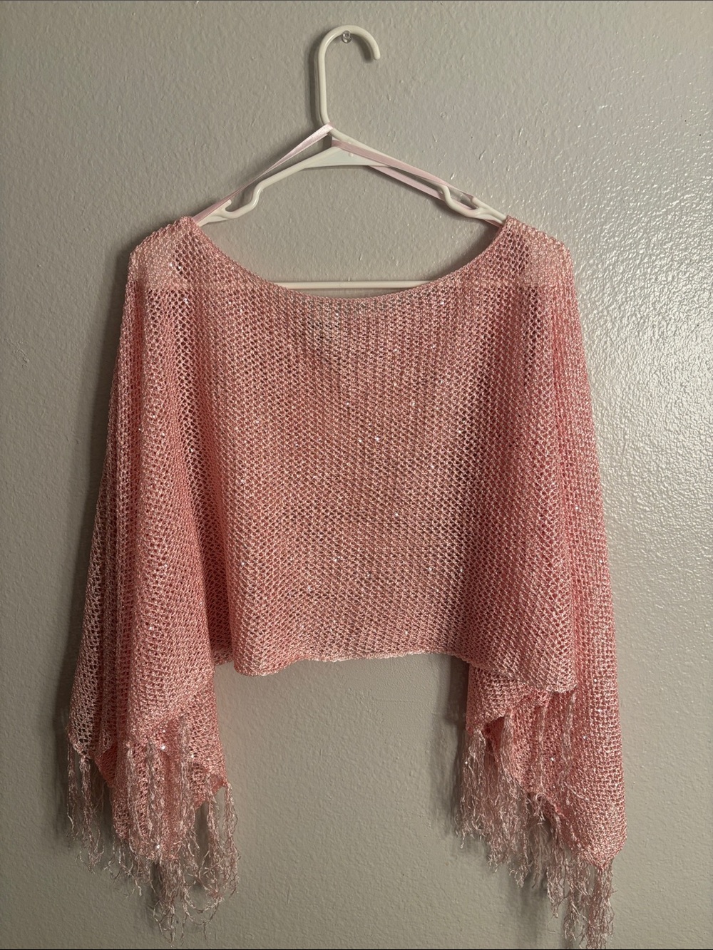 Women's Pink Open-Knit Fringe Sweater